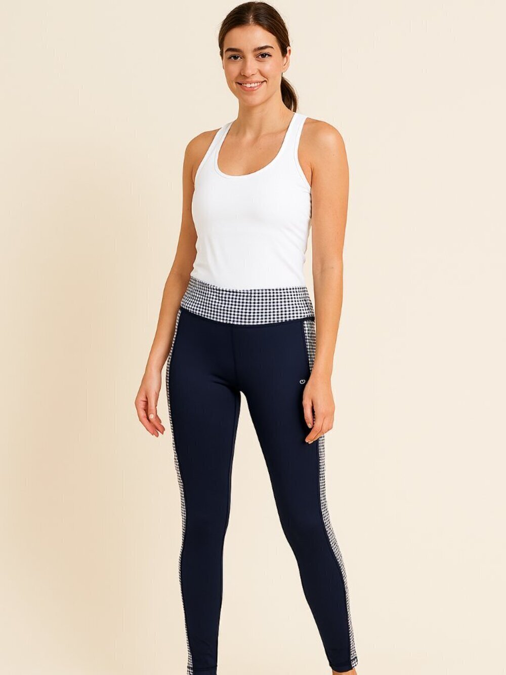 Vineyard Vines Performance Leggings Navy Gingham Trim High Waist Size M